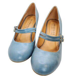 Journee Collection Blue Mary Jane Pumps | Vegan Leather Croc Block Heels | Size